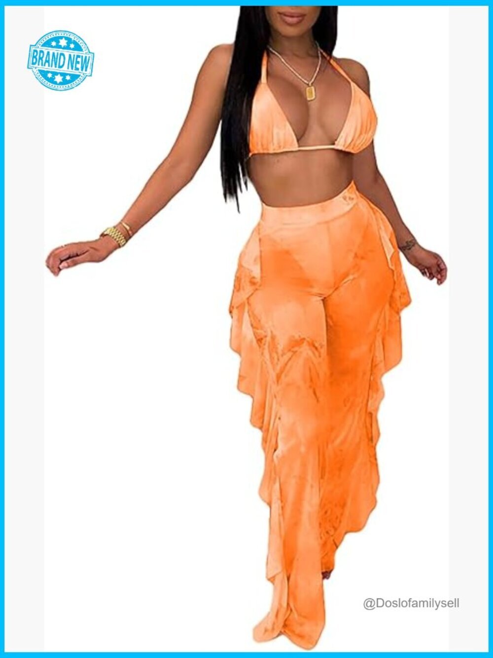 Sexy Mesh Crop Top Ruffle Long Pant Jumpsuit Beach Swimsuit Cover Up